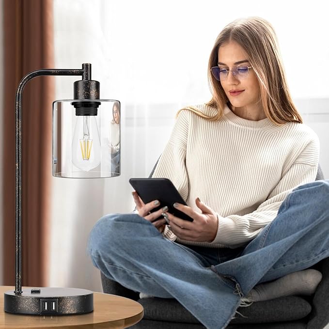 Industrial Touch Table Lamps Set of 2 - Rustic Black Bedside Lamps with 2 USB Ports & AC Outlet, 3-Way Dimmable Nightstand Desk Lamp for Bedroom Living Room Farmhouse, Glass Shade & LED Bulbs Included - LeafyLoom