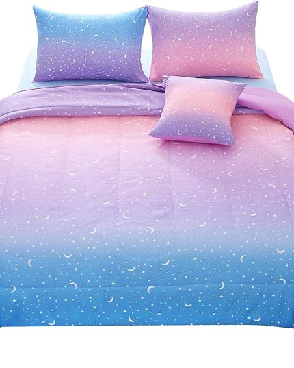 JQinHome Queen Girls Comforter Set,6 Piece Bed in A Bag 3D Purple Orange Glitter Bedding Set -All Season Microfiber Rainbow Bedding Sets for Girls Women - LeafyLoom