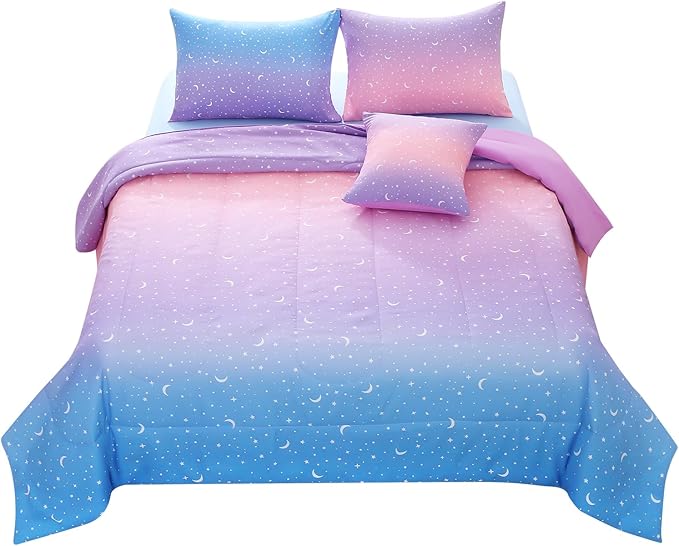 JQinHome Queen Girls Comforter Set,6 Piece Bed in A Bag 3D Purple Orange Glitter Bedding Set -All Season Microfiber Rainbow Bedding Sets for Girls Women - LeafyLoom