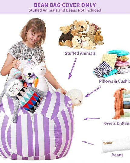 Aubliss Stuffed Animal Bean Bag Storage Chair (Purple/White Striped, Large (38'')) - LeafyLoom