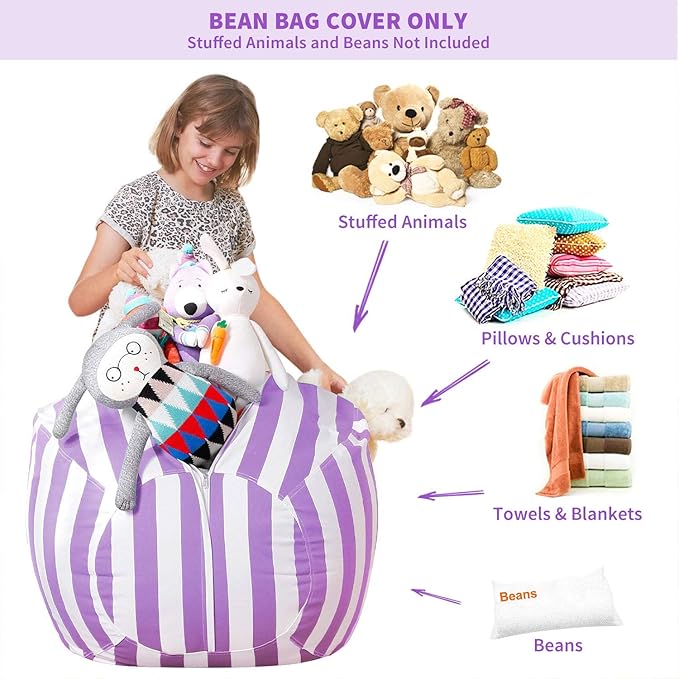 Aubliss Stuffed Animal Bean Bag Storage Chair (Purple/White Striped, Large (38'')) - LeafyLoom