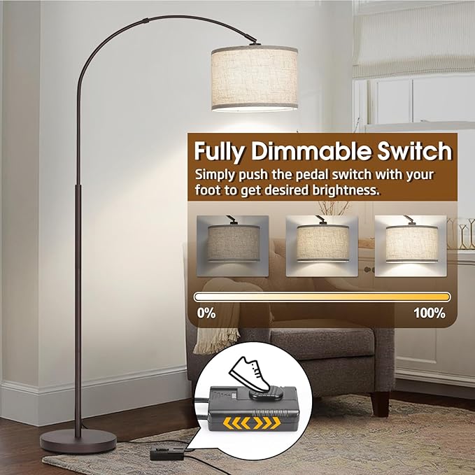 Dimmable Arc Floor Lamp, Floor Lamps for Bedroom, Farmhouse Standing Lamp with Adjustable Hanging Shade, Brown Tall Pole Lamp, Mid Century Floor Lamp for Living Room, Over Couch, 9W LED Bulb Included - LeafyLoom