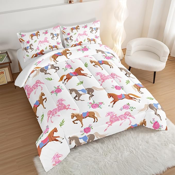 HOSIMA Kawaii Pink Rose Horse Twin Comforter Princess Toddler Bedding Set,Cute Animal Horse Bedding Girls Teens Aesthetic Room Decor,Cowboy Cowgirl Colorful Pony Twin Bed in a Bag. - LeafyLoom