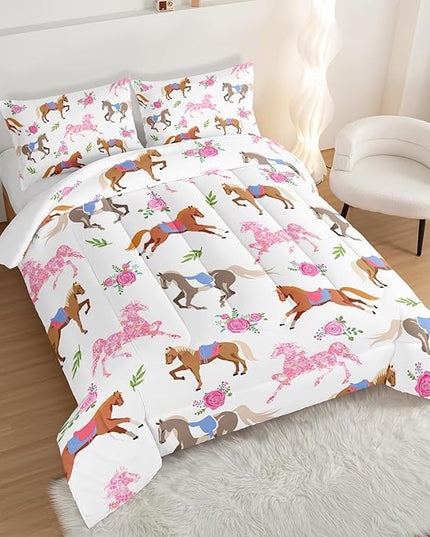 HOSIMA Kawaii Pink Rose Horse King Size Comforter Set,Cute Animal Horse Bedding Girls Teens Aesthetic Room Decor,Princess Toddler Bedding Set Cowboy Cowgirl Colorful Pony Comforter. - LeafyLoom