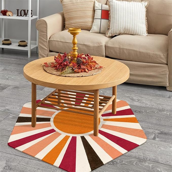 Washable Rainbow Rug for Kids Room Playroom, 4'x 4'7" Boho Sun Kids Rug for Girls Boys, Non-Slip Orange Carpet Small Play Rug for Tent Reading Corner Dorm Entryway - LeafyLoom