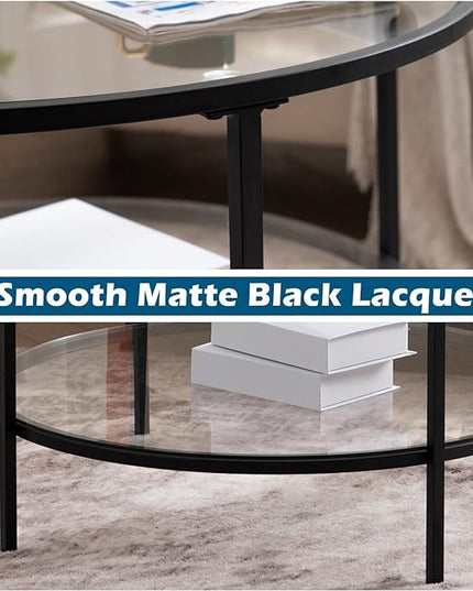 VINGLI Glass Coffee Table,30" Round Coffee Table Black Coffee Tables for Living Room,2-Tier Glass Top Coffee Table with Storage Clear Coffee Table,Simple & Modern Center Table Mesa de Centro Para Sala - LeafyLoom