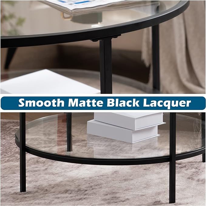 VINGLI Glass Coffee Table,30" Round Coffee Table Black Coffee Tables for Living Room,2-Tier Glass Top Coffee Table with Storage Clear Coffee Table,Simple & Modern Center Table Mesa de Centro Para Sala - LeafyLoom