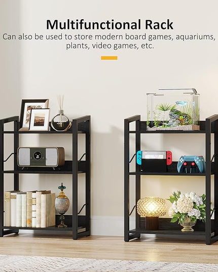 Book Shelf Small Bookshelf - 3-Tier Wood Bookcase Industrial Bookshelf Metal Narrow Bookshelves Storage Organizer Display Rack for Bedroom Living Room Home Office (Black) - LeafyLoom