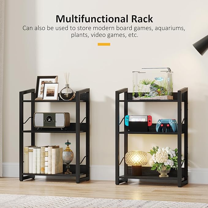 Book Shelf Small Bookshelf - 3-Tier Wood Bookcase Industrial Bookshelf Metal Narrow Bookshelves Storage Organizer Display Rack for Bedroom Living Room Home Office (Black) - LeafyLoom