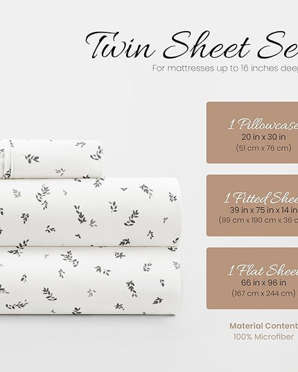 Linen Market 3 Piece Twin Bedding Sheet Set (Light Gray Leaves) - Sleep Better Than Ever with These Ultra-Soft & Cooling Bed Sheets for Your Twin Size Bed - Deep Pocket Fits 16" Mattress - LeafyLoom