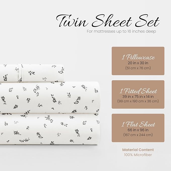 Linen Market 3 Piece Twin Bedding Sheet Set (Light Gray Leaves) - Sleep Better Than Ever with These Ultra-Soft & Cooling Bed Sheets for Your Twin Size Bed - Deep Pocket Fits 16" Mattress - LeafyLoom