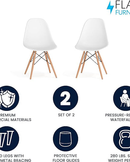 Flash Furniture Elon Series Plastic Modern Dining Chairs with Wooden Legs, Mid-Century Side Chairs for Dining Rooms and Offices, Set of 2, White - LeafyLoom