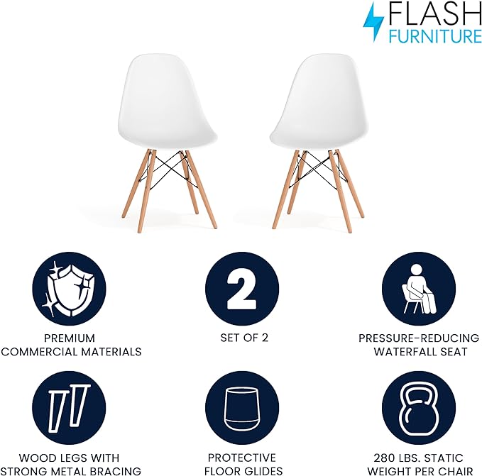 Flash Furniture Elon Series Plastic Modern Dining Chairs with Wooden Legs, Mid-Century Side Chairs for Dining Rooms and Offices, Set of 2, White - LeafyLoom