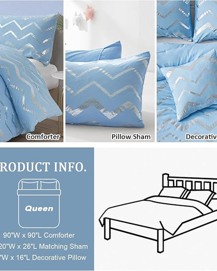 Blue/Silver Comforter Set Queen, Metallic Print Glitter Bedding Set Cute Shinny Bed Sets for Teen Girls Kids Women, 4 Piece (2 Pillowcases, 1 Decorative Pillow Sham) - LeafyLoom