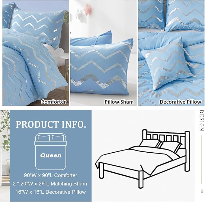 Blue/Silver Comforter Set Queen, Metallic Print Glitter Bedding Set Cute Shinny Bed Sets for Teen Girls Kids Women, 4 Piece (2 Pillowcases, 1 Decorative Pillow Sham) - LeafyLoom