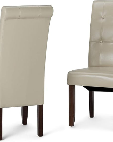SIMPLIHOME Cosmopolitan Parson Dining Chair (Set of 2), Satin Cream Faux Leather and SOLID WOOD, Square, Upholstered, For the Dining Room, Contemporary Modern - LeafyLoom