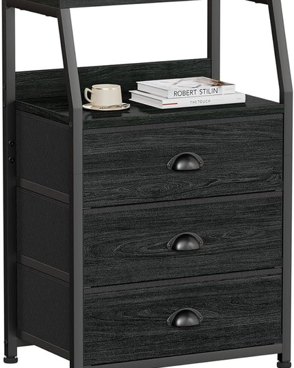 Furnulem Black Dresser for Bedroom, Small Nightstand with 3 Fabric Storage Drawers and 2-Tier Shelf, End Table Side Furniture for Closet, Hallway, Nursery, Sturdy Steel Frame, Wood Top (Black Oak) - LeafyLoom