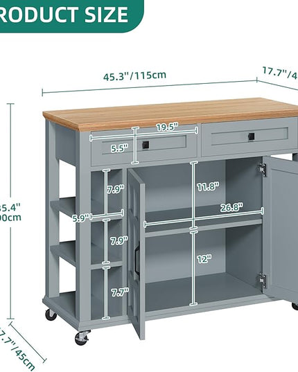 YITAHOME Kitchen Island with Storage Cabinet, Rolling Kitchen Cart on Wheels, Americana Kitchen Island Cabinet with Open Shelves for Kitchen Dining Room, Thicker Rubberwood Top, Grey Blue - LeafyLoom