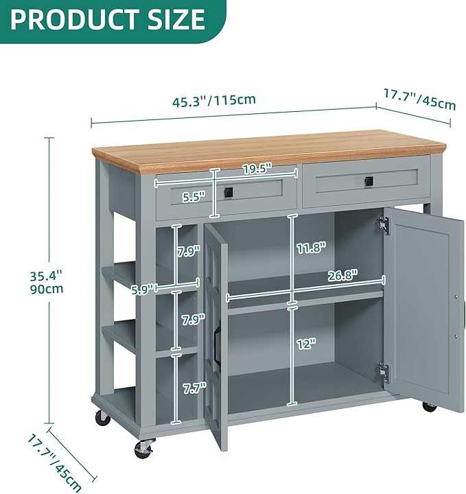 YITAHOME Kitchen Island with Storage Cabinet, Rolling Kitchen Cart on Wheels, Americana Kitchen Island Cabinet with Open Shelves for Kitchen Dining Room, Thicker Rubberwood Top, Grey Blue - LeafyLoom