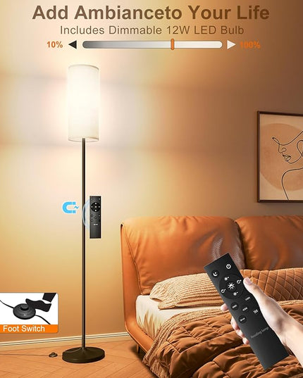 LED Floor Lamp for Living Room, Dimmable Standing Lamps with Foot Switch,Remote Custom Color Temperature Black Pole Lamp with Lampshade,12W Led Bulb Tall Lamps for Bedroom Office Kid Room - LeafyLoom