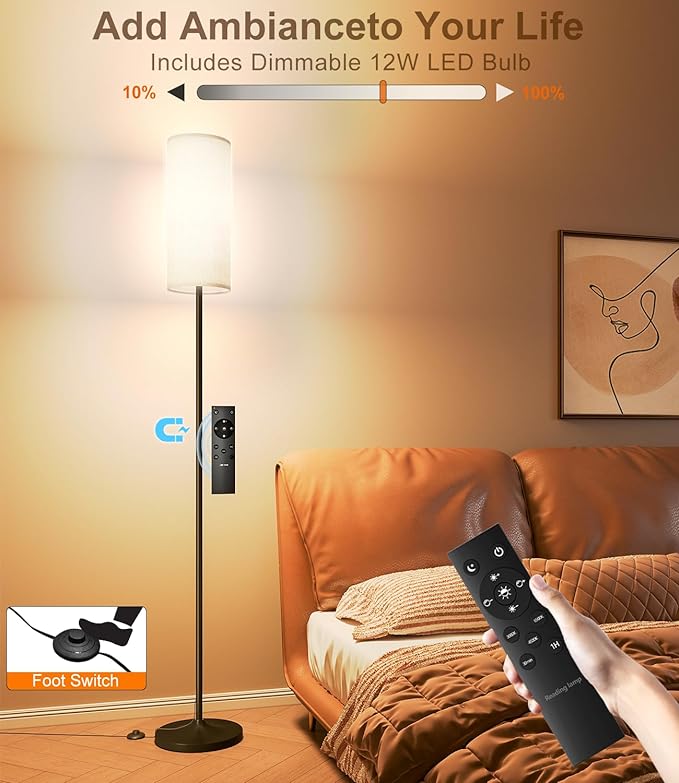 LED Floor Lamp for Living Room, Dimmable Standing Lamps with Foot Switch,Remote Custom Color Temperature Black Pole Lamp with Lampshade,12W Led Bulb Tall Lamps for Bedroom Office Kid Room - LeafyLoom