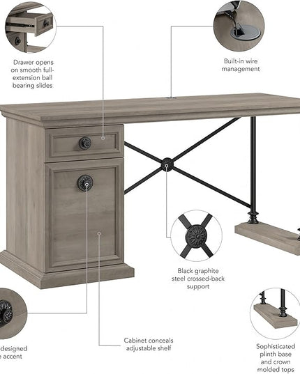 Bush Furniture Coliseum Designer Desk with Storage, Home Office Computer, 60W, Driftwood Gray - LeafyLoom