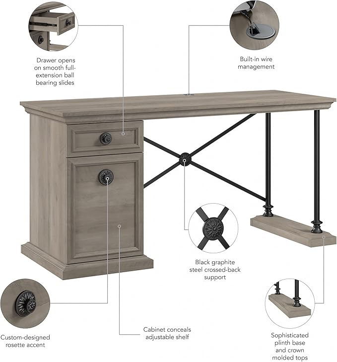 Bush Furniture Coliseum Designer Desk with Storage, Home Office Computer, 60W, Driftwood Gray - LeafyLoom