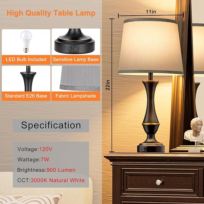Touch Lamps for Bedrooms Set of 2 - Nightstand Table Lamp with USB C+A, 3 Way Dimmable Bedside Lamps for Living Room End Tables Set of 2, Farmhouse Night Stand Lamps for Bed Side Guest Room(Grey) - LeafyLoom