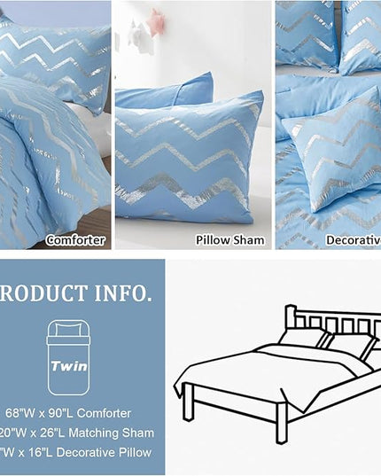Blue/Silver Comforter Set Twin, Metallic Print Glitter Bedding Set Cute Shinny Bed Sets for Teen Girls Kids Women, 3 Piece (1 Pillowcase, 1 Decorative Pillow Sham) - LeafyLoom