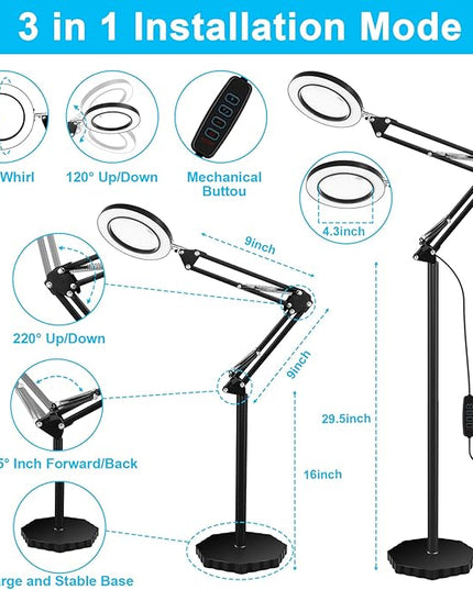 8X Magnifying Glass with Light and Stand, 3 Color Temperatures, Adjustable Brightness Magnifying Floor Lamp, Swing Arm Lighted Magnifier for Reading, Crafts and Close Work - LeafyLoom