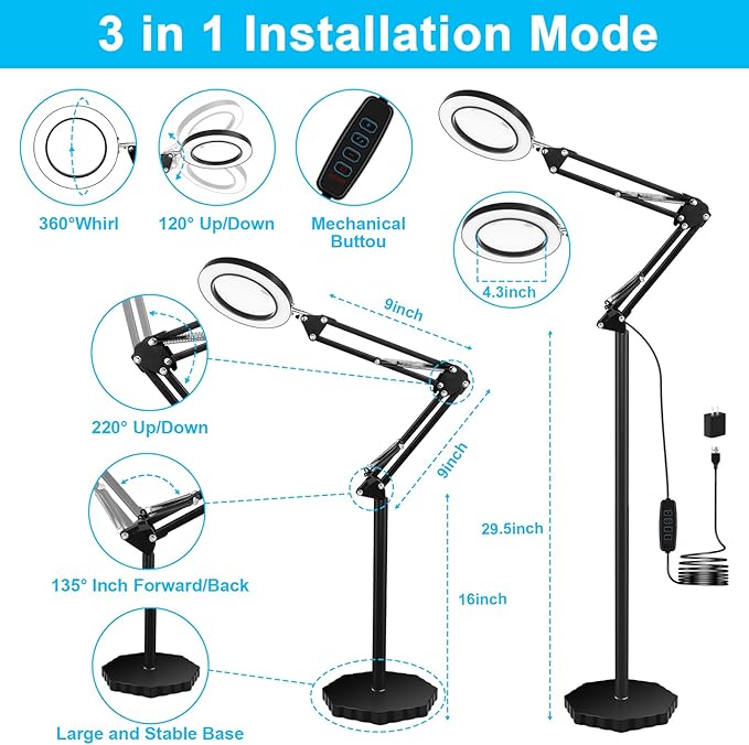 8X Magnifying Glass with Light and Stand, 3 Color Temperatures, Adjustable Brightness Magnifying Floor Lamp, Swing Arm Lighted Magnifier for Reading, Crafts and Close Work - LeafyLoom