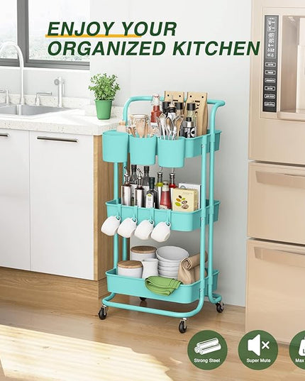 3-Tier Rolling Mobile Utility Cart with Hanging Cups & Hooks & Handle Multifunctional Organizer Storage Trolley Service Cart with Wheels Easy Assembly for Office, Bathroom, Kitchen (Blue) - LeafyLoom