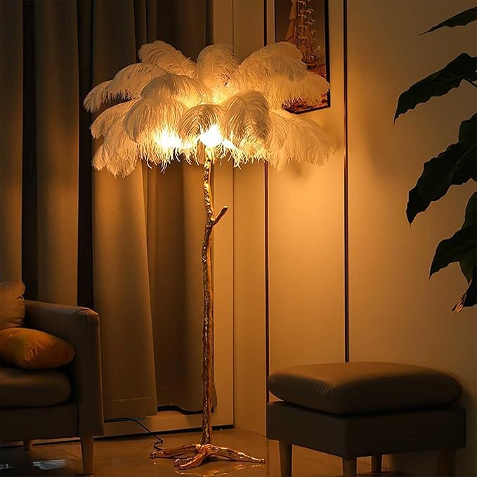 Ostrich Feather Floor Lamp Modern Ostrich Feather LED feather lamp floor Lamp Dimmable Standing feather floor lamp for Living Room Bedroom（White） - LeafyLoom