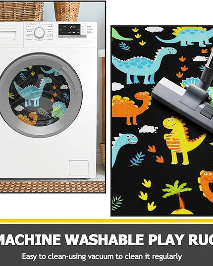 Capslpad Black Dinosaur Kids Play Rugs for Boys Bedroom Cute Cartoon Dinosaur Decor Kids Area Rug Non-Slip Washable Dinosaur Carpet Rugs for Kids Room,Playroom,Boys Bedroom,5'×6.6' - LeafyLoom