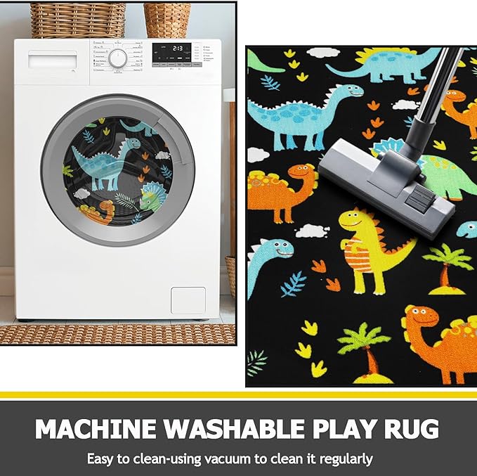 Capslpad Black Dinosaur Kids Play Rugs for Boys Bedroom Cute Cartoon Dinosaur Decor Kids Area Rug Non-Slip Washable Dinosaur Carpet Rugs for Kids Room,Playroom,Boys Bedroom,5'×6.6' - LeafyLoom