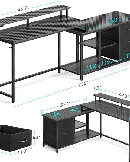 Seventable L Shaped Computer Desk with Drawers, Reversible Gaming Desk with LED Lights & Charging Port, Corner Desk with Storage Shelves & Monitor Stand for Home Office Carbon Fiber Black - LeafyLoom