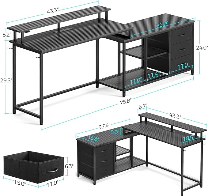 Seventable L Shaped Computer Desk with Drawers, Reversible Gaming Desk with LED Lights & Charging Port, Corner Desk with Storage Shelves & Monitor Stand for Home Office Carbon Fiber Black - LeafyLoom