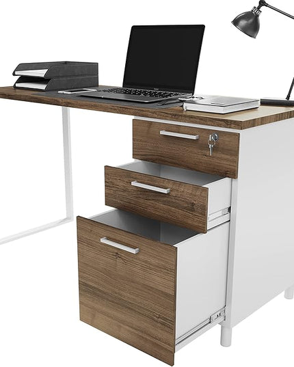 Milano Home Office Desk - 47Inch Cass walnut/white Home Office Desk with Drawers - Modern Computer Desk with Storage, Detachable & Lockable Computer Cabinet - Wooden Office, Study, and Writing Table - LeafyLoom