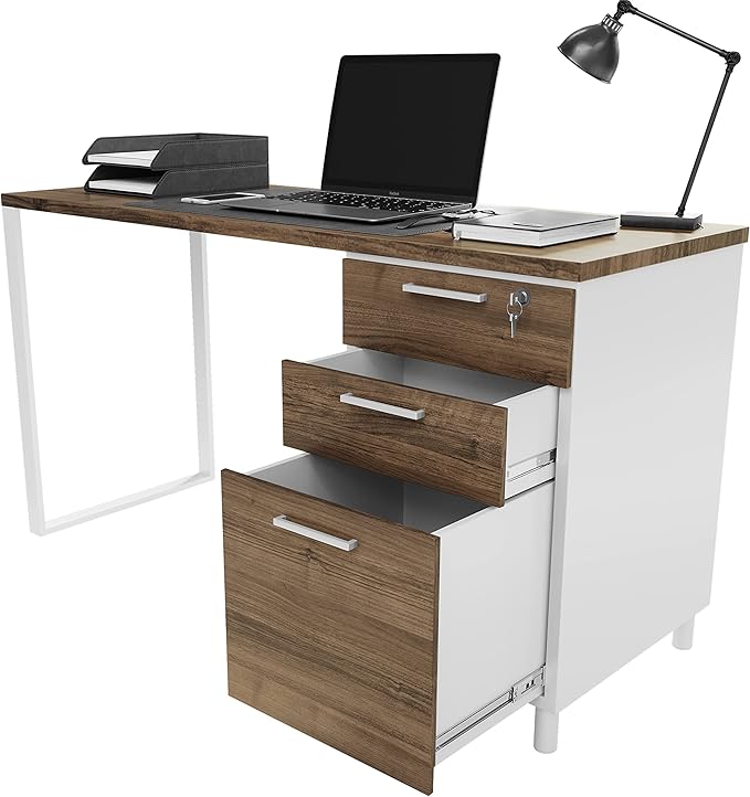 Milano Home Office Desk - 47Inch Cass walnut/white Home Office Desk with Drawers - Modern Computer Desk with Storage, Detachable & Lockable Computer Cabinet - Wooden Office, Study, and Writing Table - LeafyLoom
