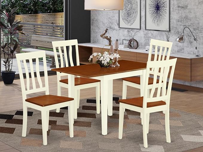 East West Furniture NDAN5-WHI-W Norden 5 Piece Room Furniture Set Includes a Rectangle Kitchen Table with Dropleaf and 4 Dining Chairs, 30x48 Inch, Buttermilk & Cherry - LeafyLoom