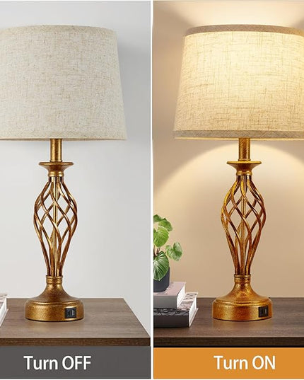 Table Lamp for Bedroom Set of 2 with USB C+A Ports - Modern Gold Bedside Lamps with Spiral Cage Base Fabric Shade - Nightstand Lamp for Living Room Reading Bed Side End Table 2 LED Bulbs Included - LeafyLoom