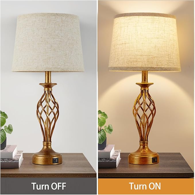 Table Lamp for Bedroom Set of 2 with USB C+A Ports - Modern Gold Bedside Lamps with Spiral Cage Base Fabric Shade - Nightstand Lamp for Living Room Reading Bed Side End Table 2 LED Bulbs Included - LeafyLoom