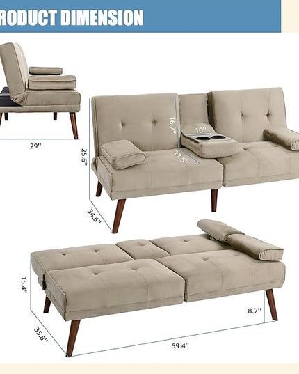 Shintenchi Futon Sofa Bed, Convertible Couch Bed Loveseat, Modern Futon Recliner Sleeper, Small Lazy Futon Set for Living Room, Office, Apartment, Beige - LeafyLoom