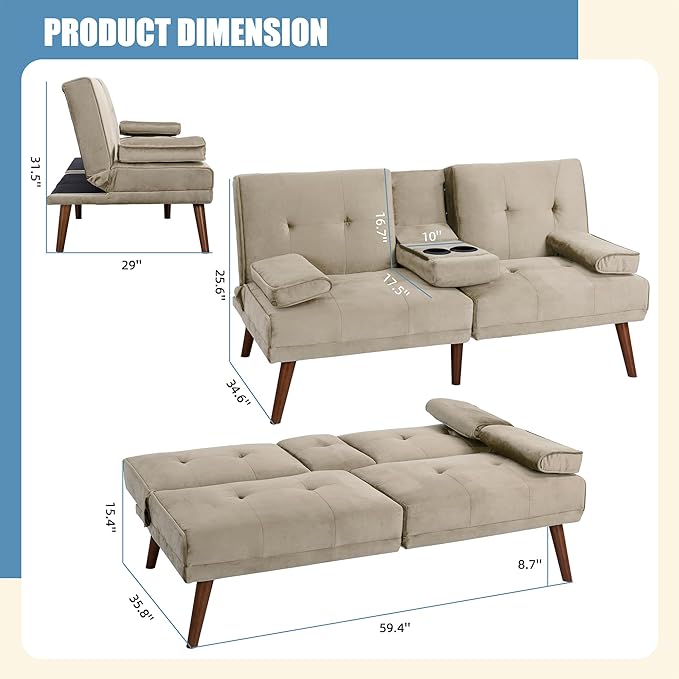 Shintenchi Futon Sofa Bed, Convertible Couch Bed Loveseat, Modern Futon Recliner Sleeper, Small Lazy Futon Set for Living Room, Office, Apartment, Beige - LeafyLoom