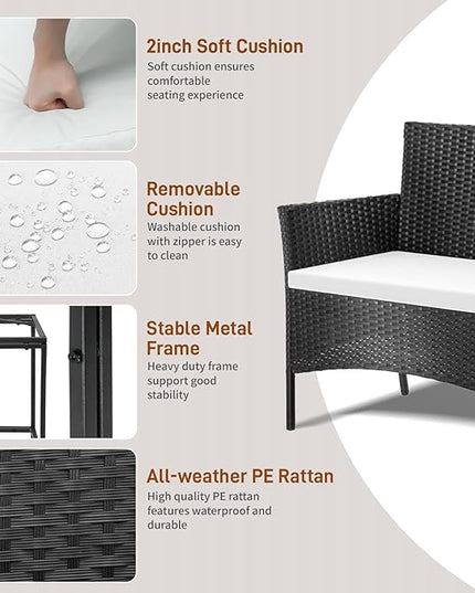 Outvita 4 Pieces Patio Furniture Set, Rattan Conversation Sets with Loveseat Soft Cushion and Glass Table for Garden Backyard Balcony Porch Poolside(Black) - LeafyLoom