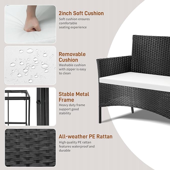Outvita 4 Pieces Patio Furniture Set, Rattan Conversation Sets with Loveseat Soft Cushion and Glass Table for Garden Backyard Balcony Porch Poolside(Black) - LeafyLoom