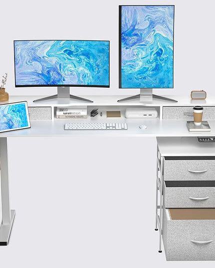 63 Inch Electric Standing Desk with Cabinet & Drawers, Height Adjustable Sit Stand Desk with Monitor Shelf, Smart Home Office Standing Computer Desk, White - LeafyLoom