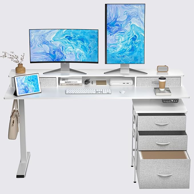 63 Inch Electric Standing Desk with Cabinet & Drawers, Height Adjustable Sit Stand Desk with Monitor Shelf, Smart Home Office Standing Computer Desk, White - LeafyLoom