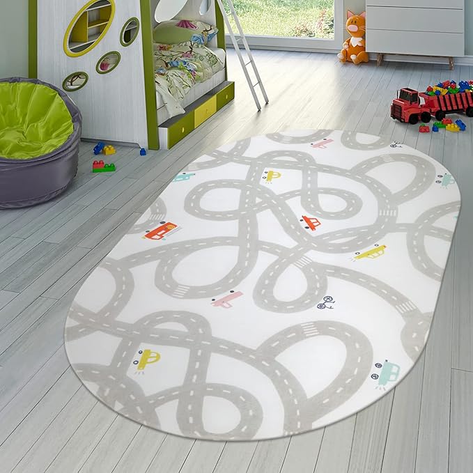 Road Traffic Kids Rug Children Playing with Cars Playmat 4x6 Ft, Washable Play Carpet for Kids Playroom, Non-Slip Have Fun Safe Baby Nursery Rug for Toddler Boy's Bedroom Game Room Grey - LeafyLoom