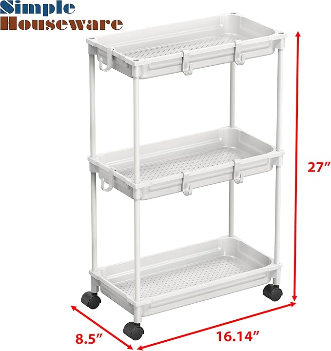 Simple Houseware Standard 3-Tier Slim Rolling Storage Cart, White - LeafyLoom
